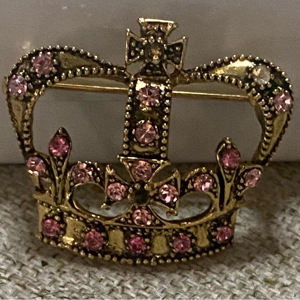 Gold and Pink Crown Brooch